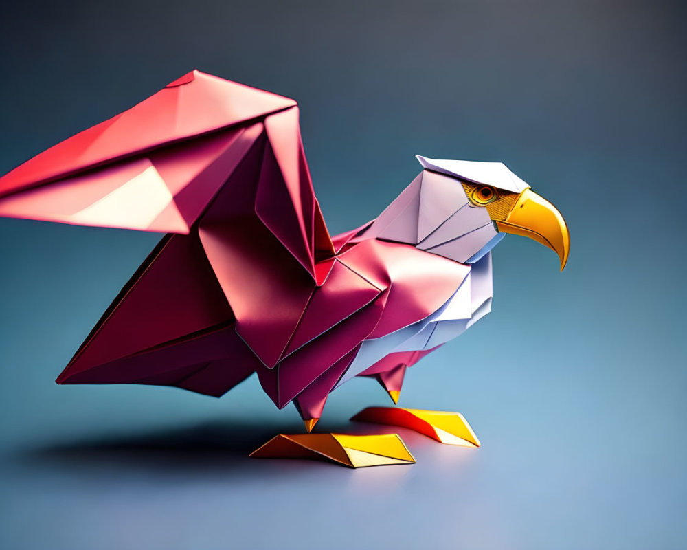 Vibrant origami eagle with red, white, and yellow details on blue background