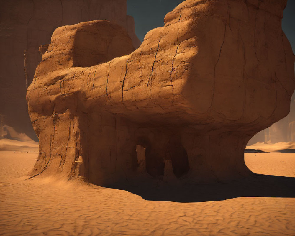 Ancient rock formation with carved entrances in sandy desert