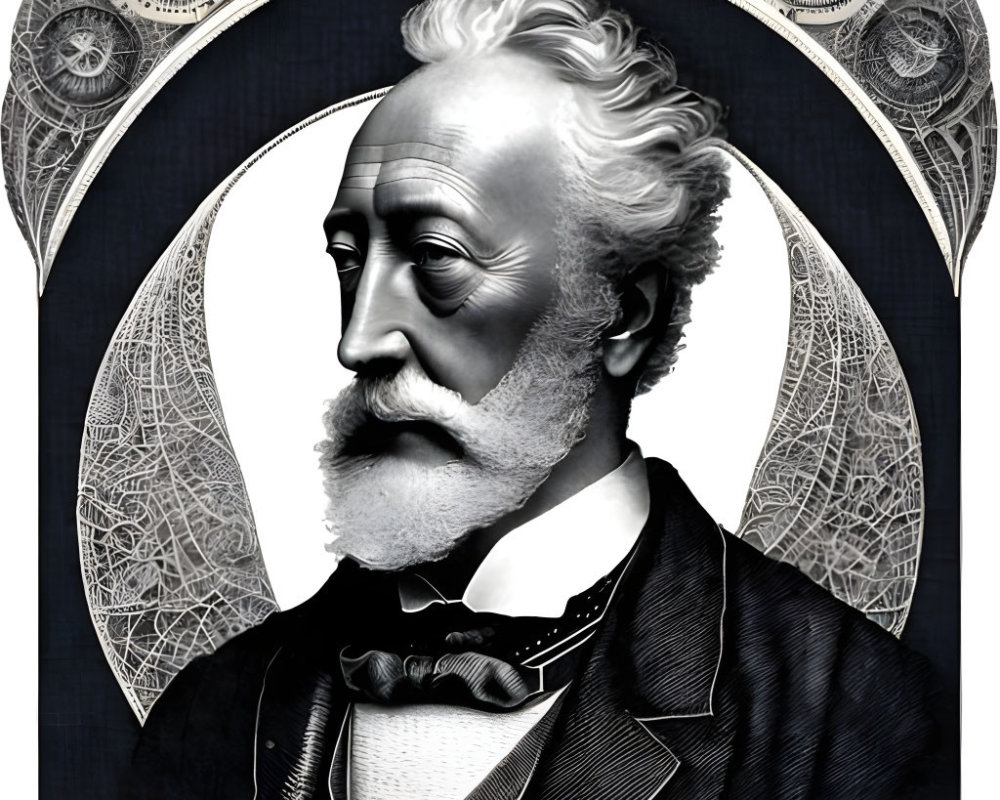 Monochrome illustration of gentleman with full beard and bow tie surrounded by ornate patterns and clock elements