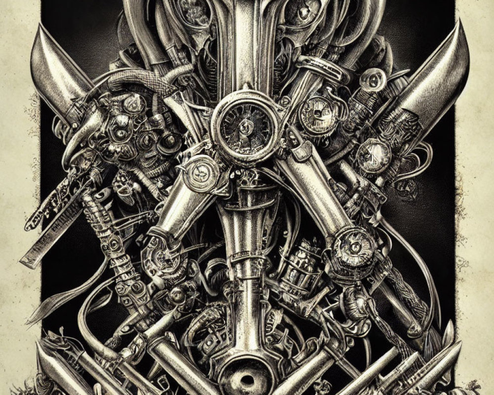 Symmetrical monochrome steampunk art with intricate gears and hourglass.