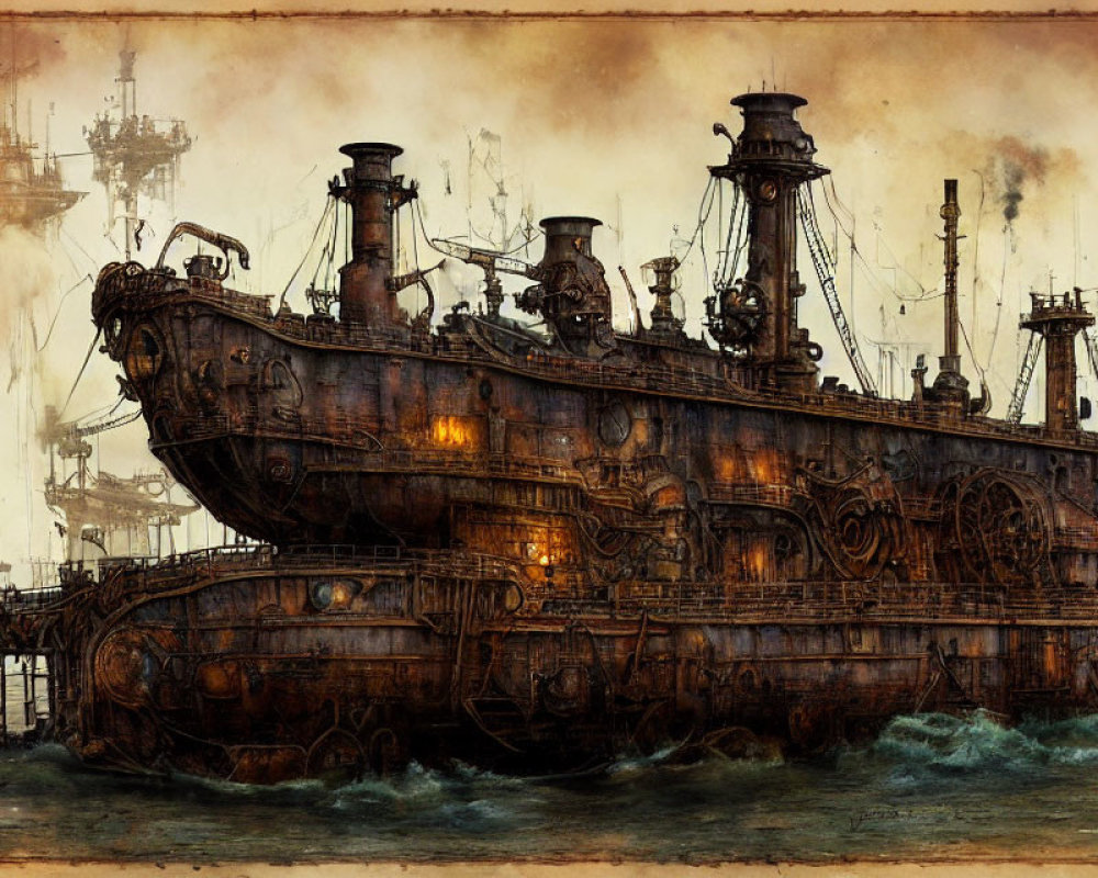 Steampunk-style battleship with intricate metalwork and gears in an industrial harbor.