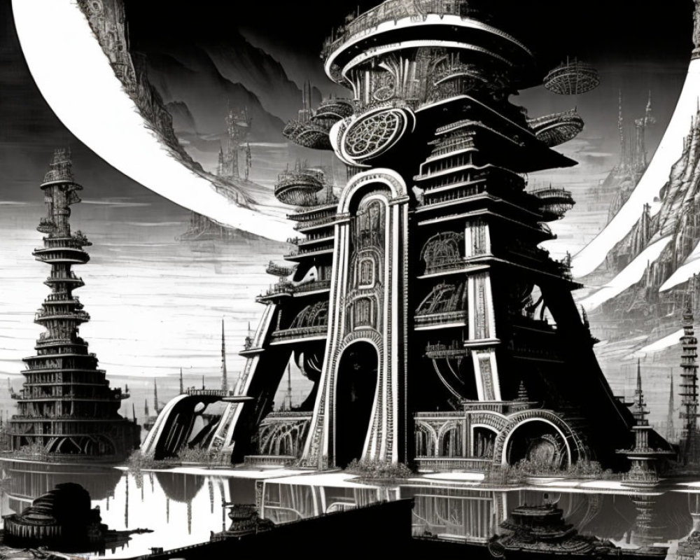 Monochromatic futuristic cityscape with ornate structures and planetary rings