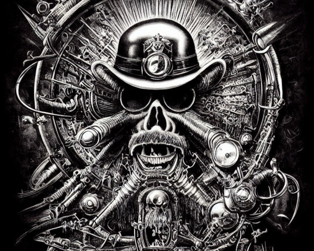Monochromatic skull with military hat and mechanical elements