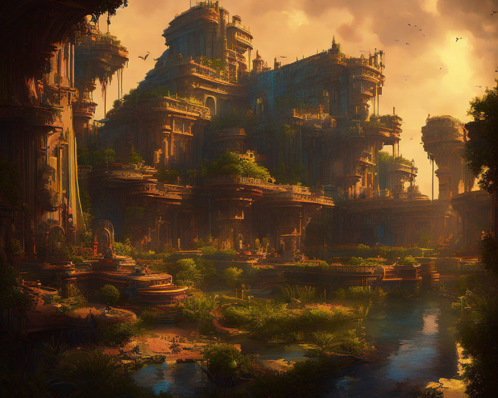 Overgrown ancient city with towering ruins, lush vegetation, serene river at sunset