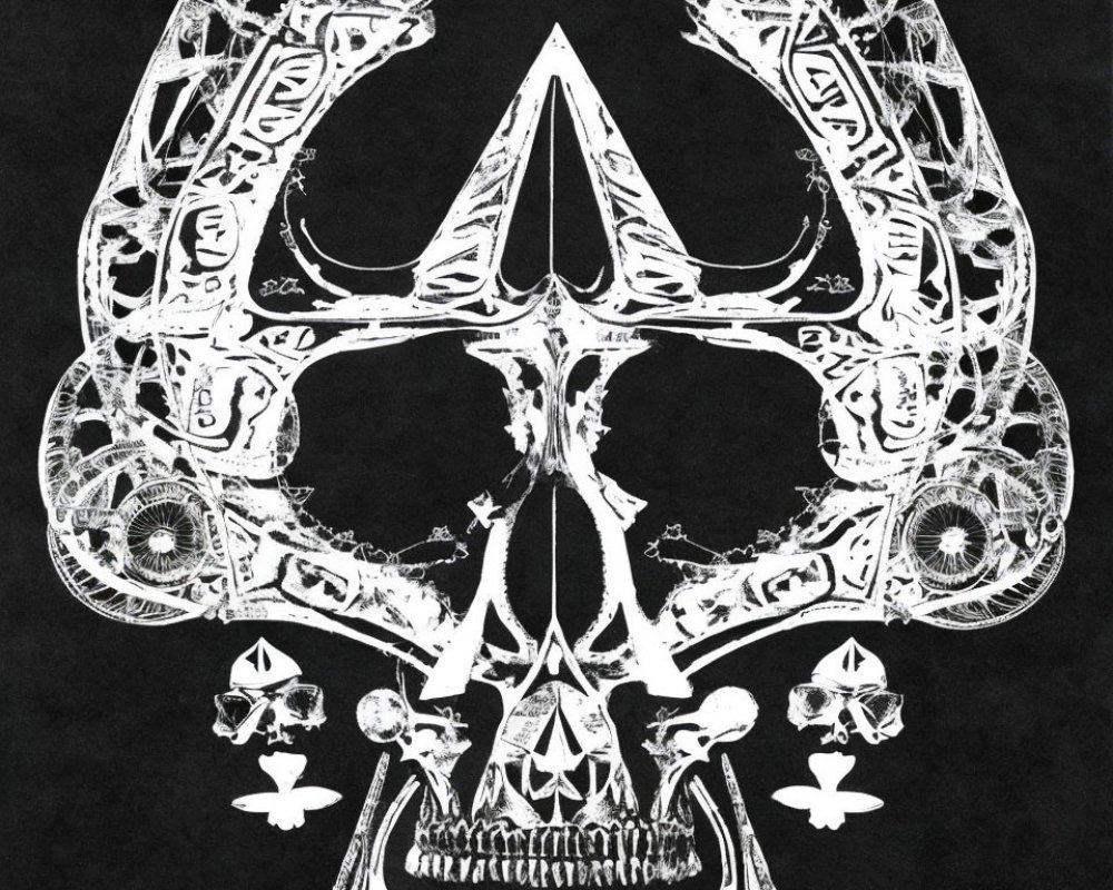 Symmetrical black and white skull artwork with bone details