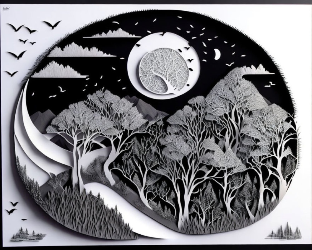 Monochromatic paper art of forest scene in circular frame