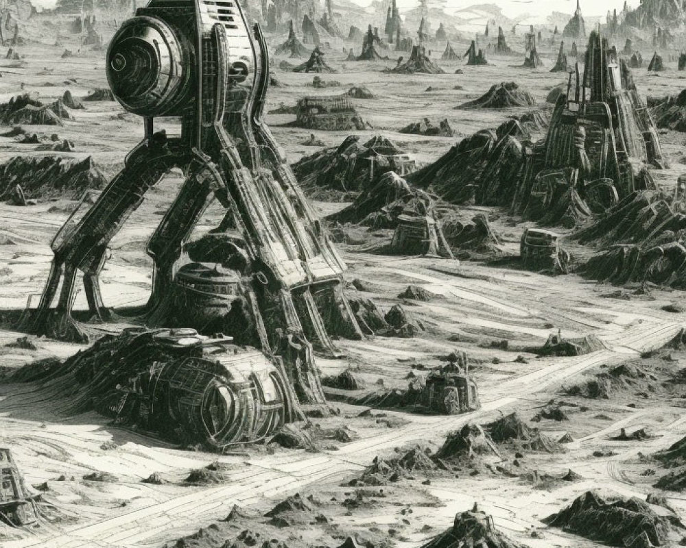 Monochrome futuristic landscape with robotic walkers and spires.