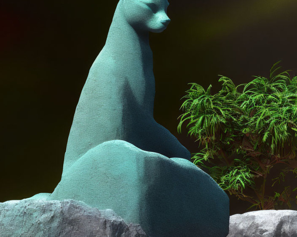 Blue cat statue on stone wall with green bush in dark background