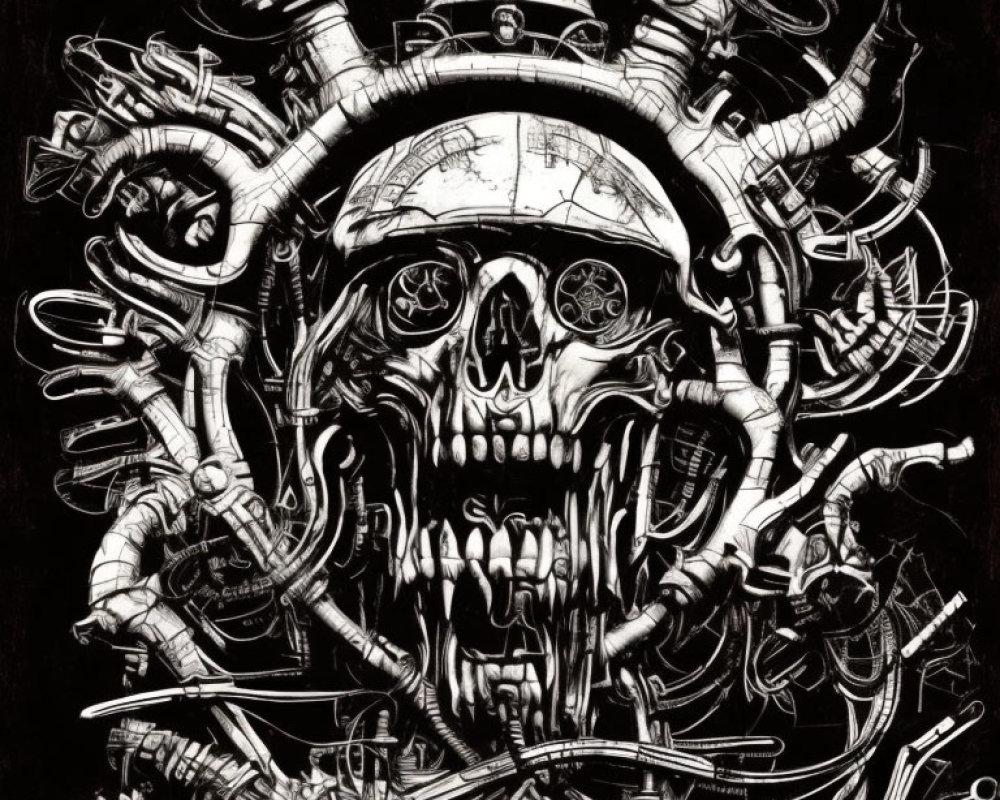 Monochromatic skull surrounded by pipes and gears in industrial composition
