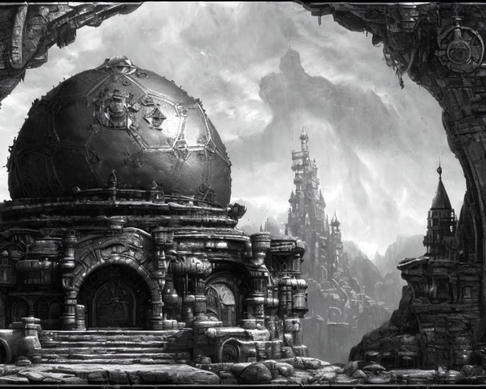 Monochrome fantasy landscape with ancient spherical structure and misty mountains