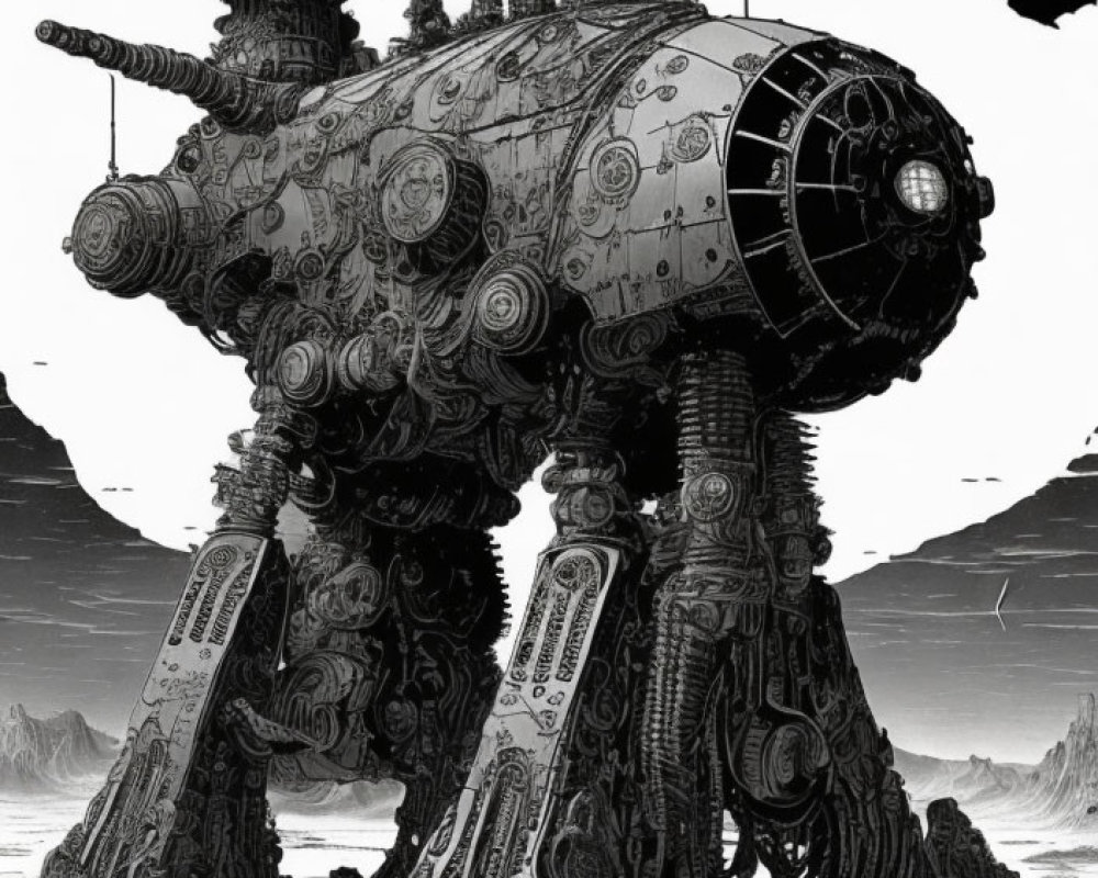 Detailed Monochrome Illustration of Colossal Mechanical Walker in Rocky Landscape