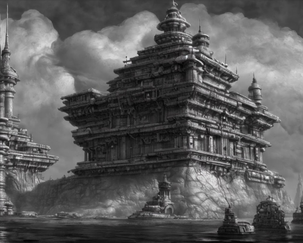 Monochrome image of tiered pagoda on rocky outcrop by water