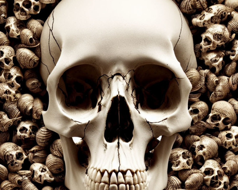 Sepia-toned large and small skulls create a macabre scene