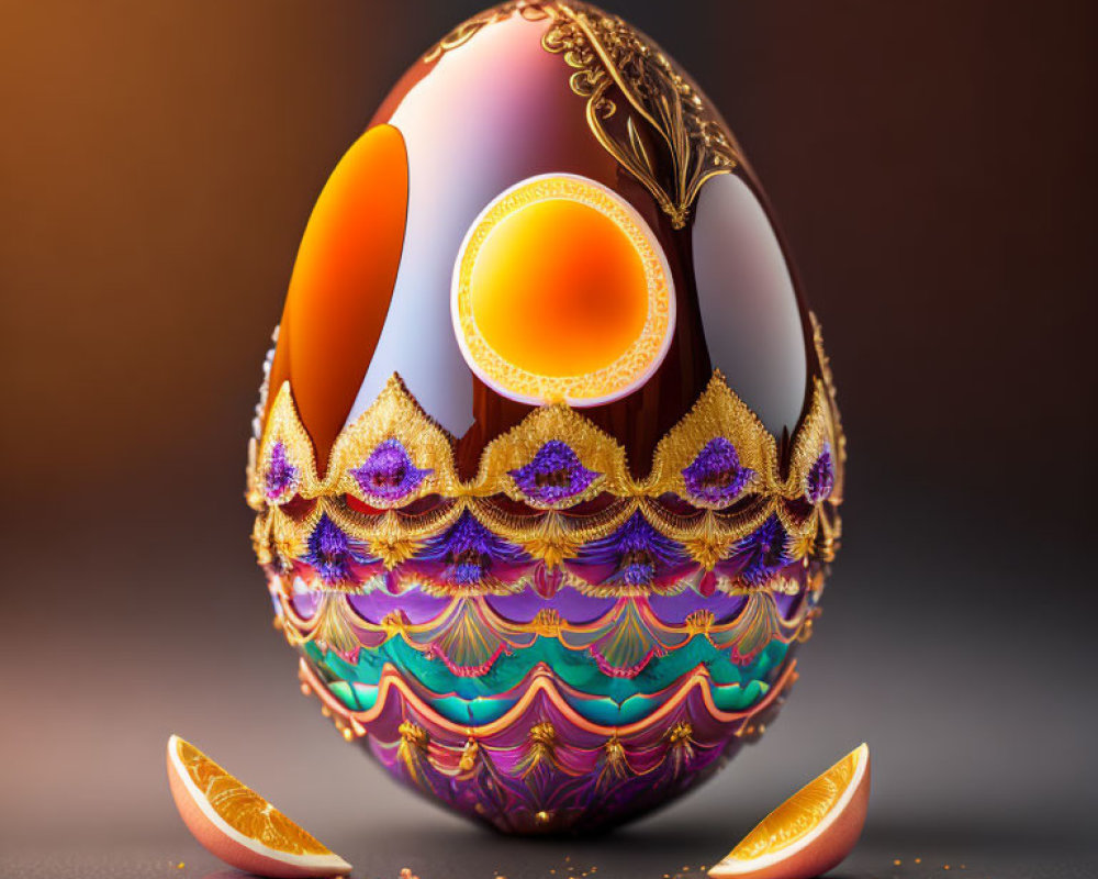 Intricate golden patterns on vibrant egg-shaped object on dark surface
