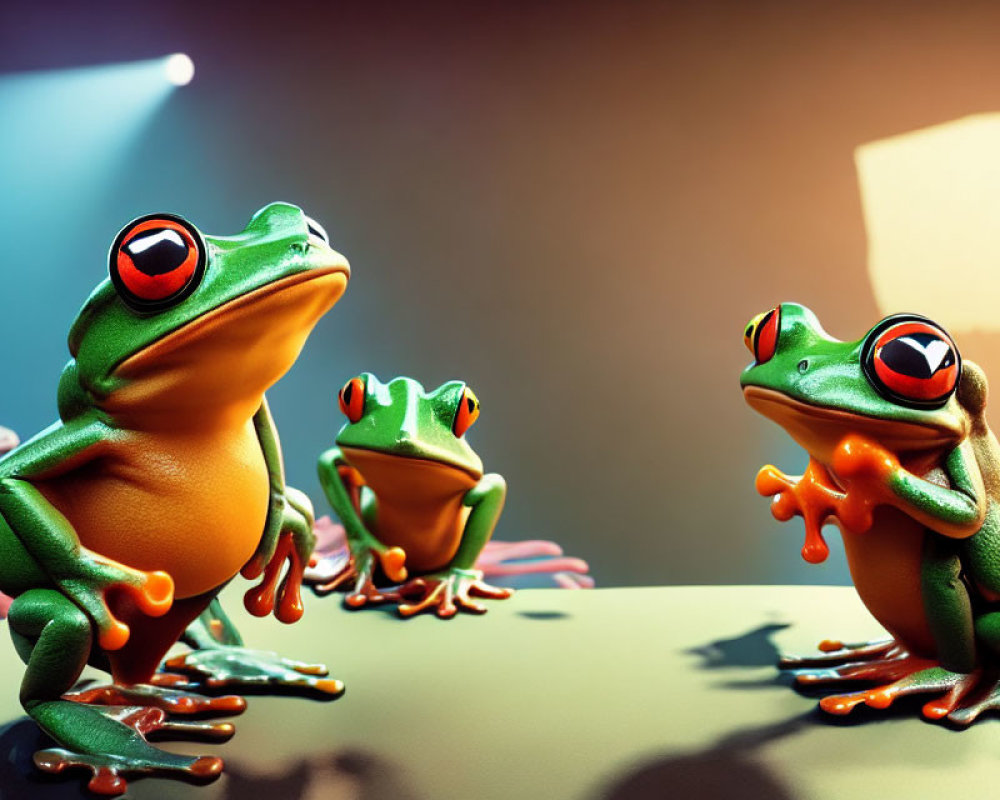Three vibrant green animated frogs with red eyes under dramatic lighting