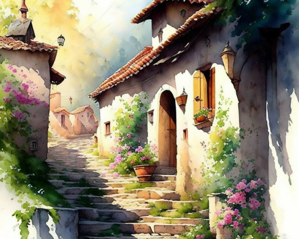 Quaint cobblestone staircase with charming houses in watercolor
