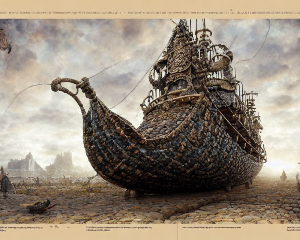 Fantasy vessel with curved prow in dry dock with period costumes and elaborate architecture