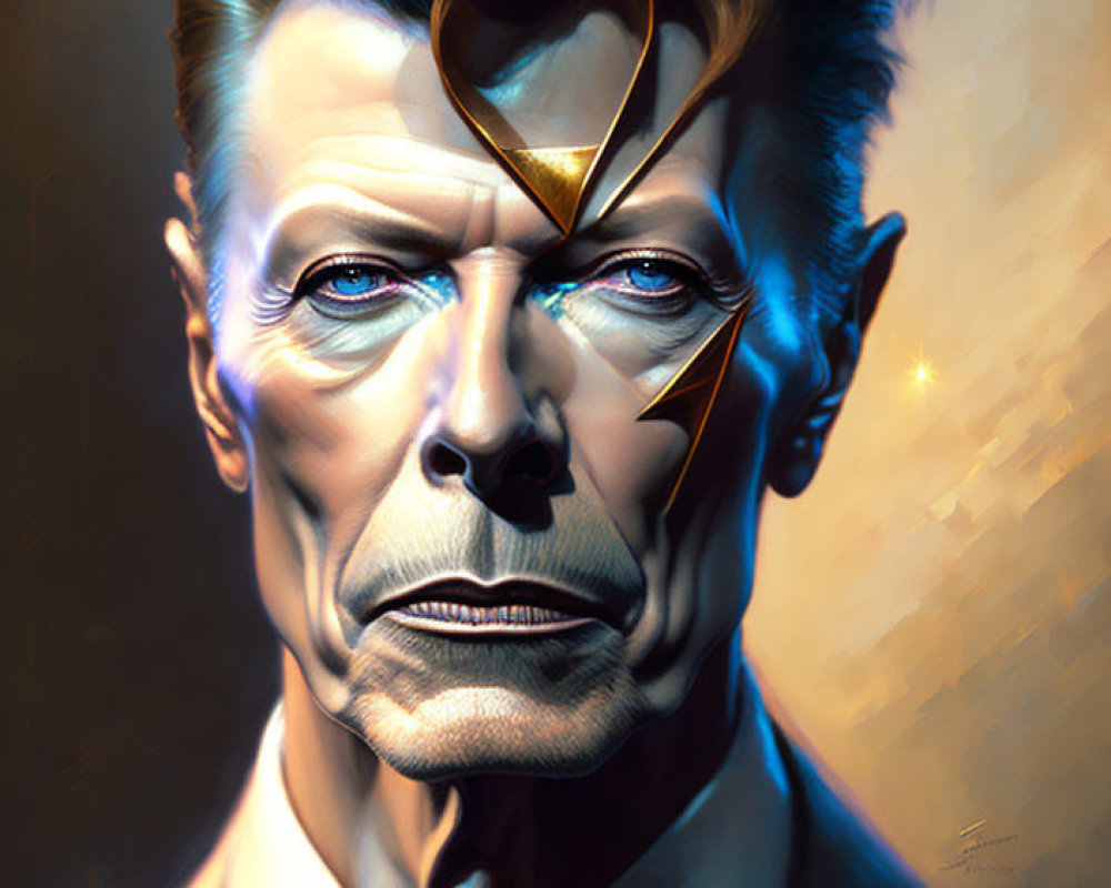 Detailed digital portrait of a man with unique facial features and lightning bolt design