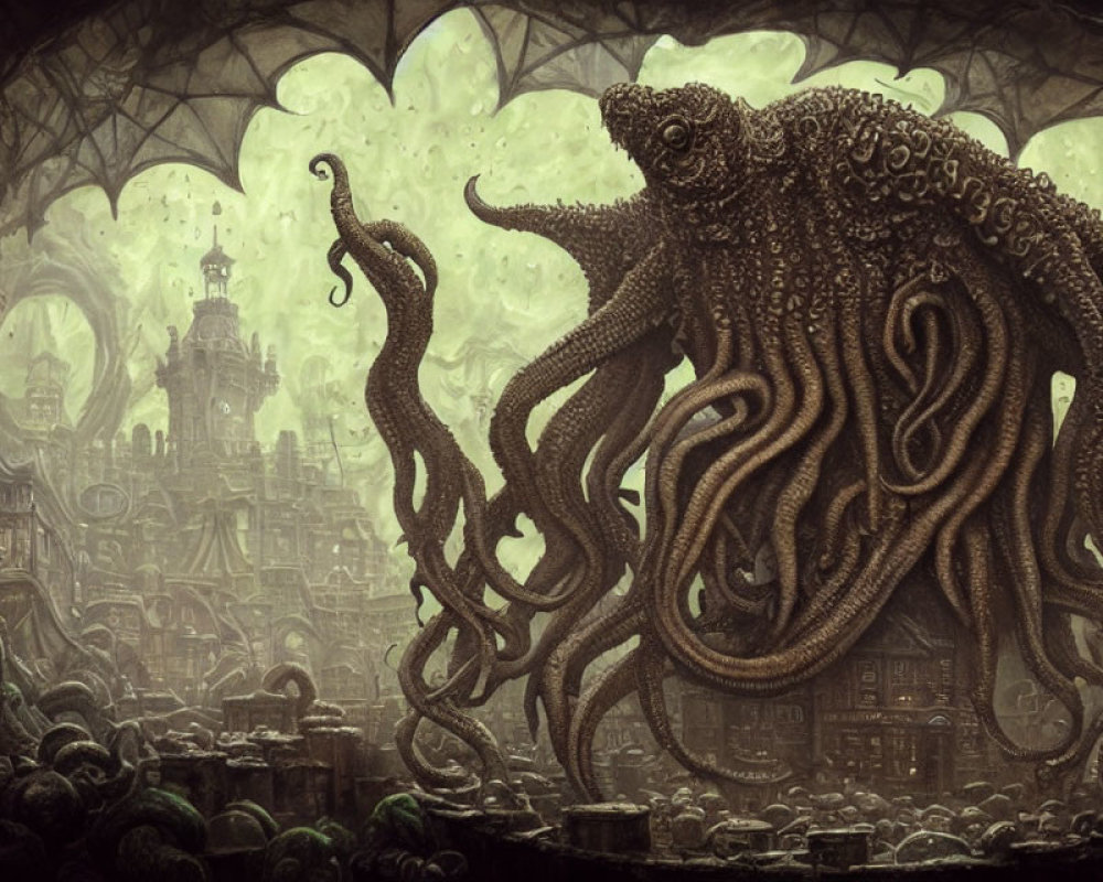 Giant octopus in cavernous cityscape with Gothic architecture