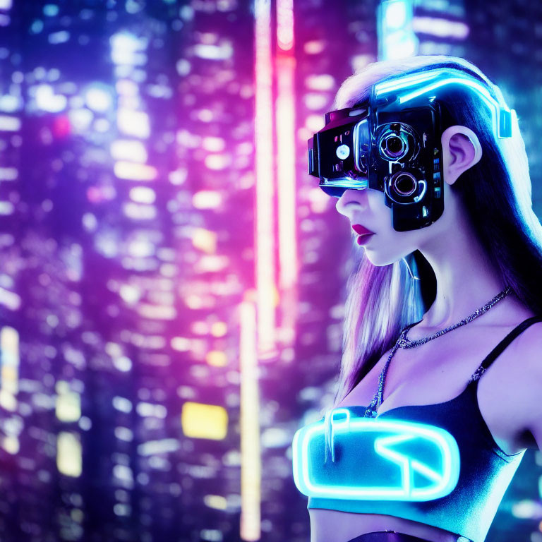 Futuristic VR goggles on woman in neon-lit cyberpunk cityscape
