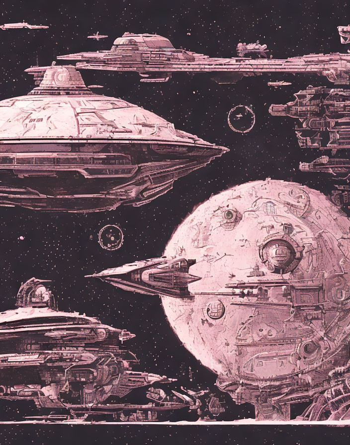 Detailed Sci-Fi Illustration: Fleet of Spacecrafts Orbiting Moon-like Celestial Body
