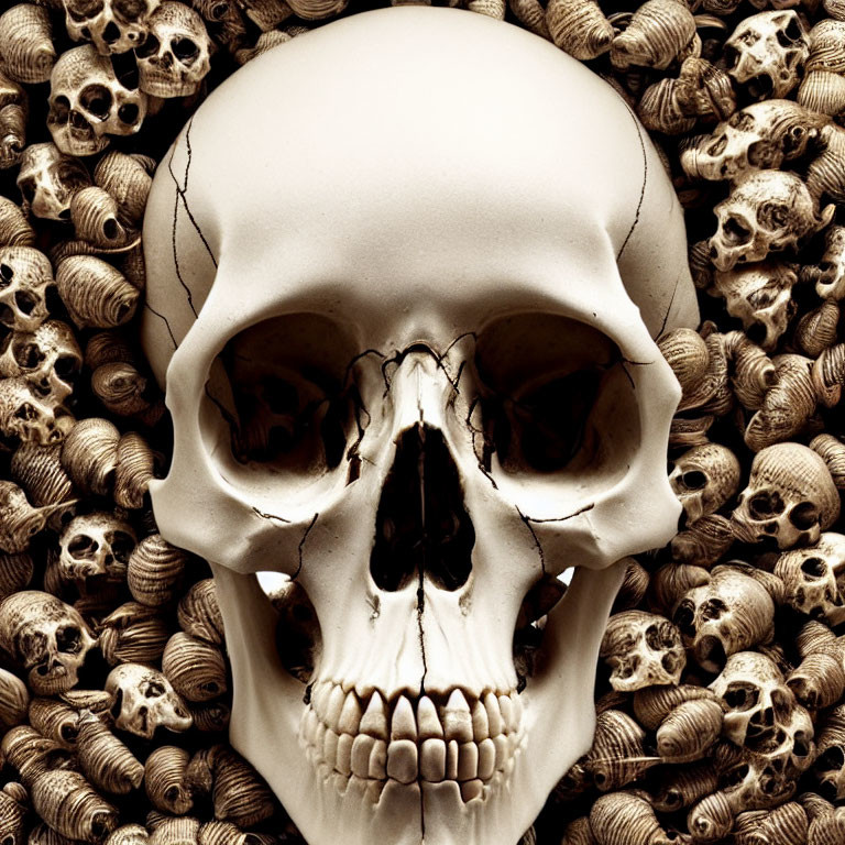 Sepia-toned large and small skulls create a macabre scene