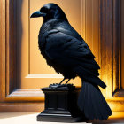 Black raven on pedestal in warm light with shadows.