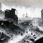 Monochrome war-torn cityscape with ruins, debris, and people amidst desolation