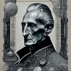 Detailed portrait of stern elderly man in ornate attire against intricate backdrop