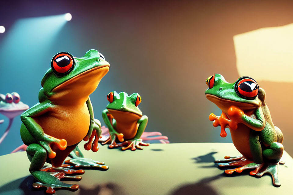 Three vibrant green animated frogs with red eyes under dramatic lighting