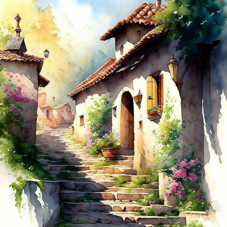Quaint cobblestone staircase with charming houses in watercolor
