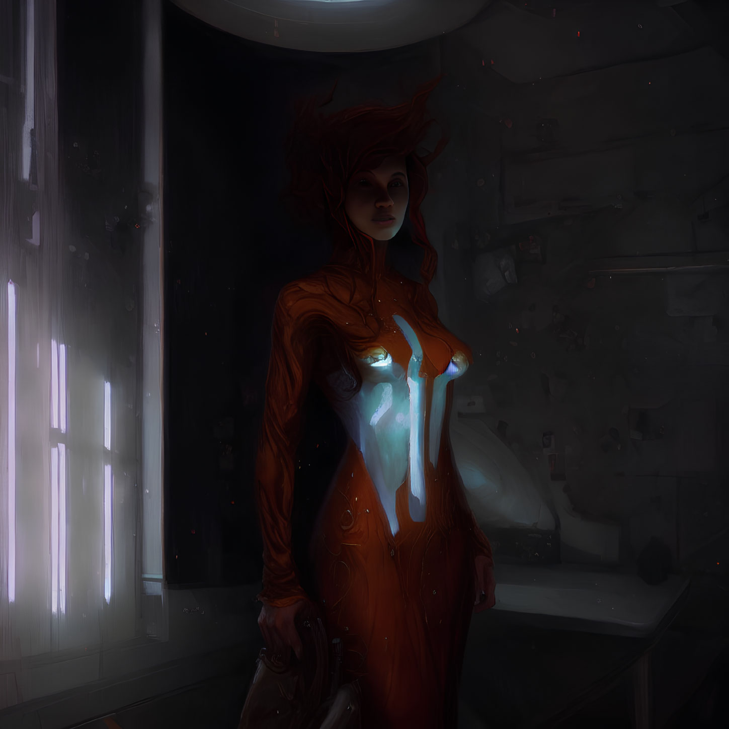 Red-haired character in futuristic orange suit in dark room with blue lights and floating debris