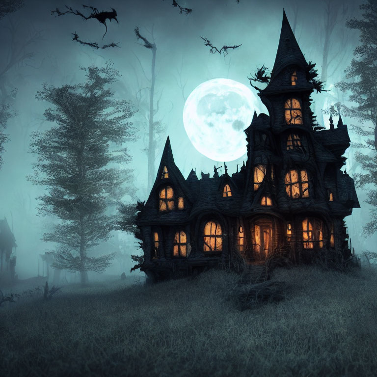 Gothic-style mansion under full moon with foggy night ambiance