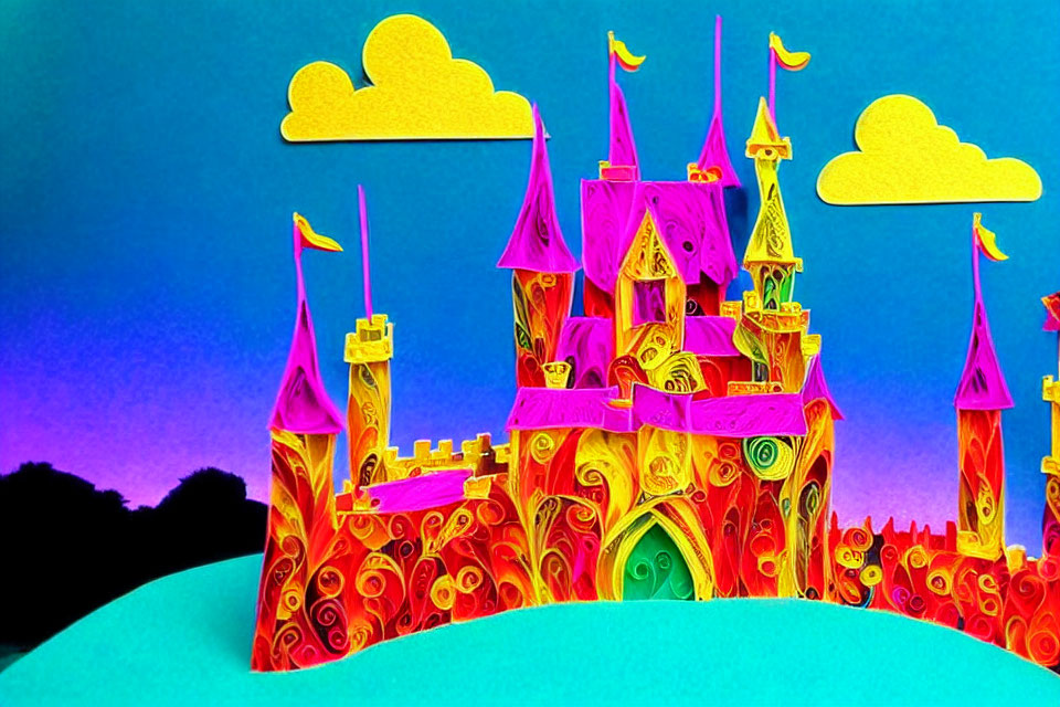 Colorful surreal castle illustration with swirling patterns and whimsical clouds