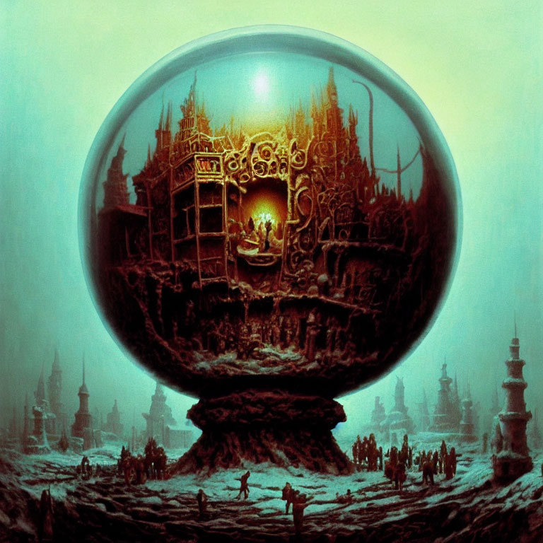 Intricate golden city in transparent sphere on pedestal with figures gathering in misty setting