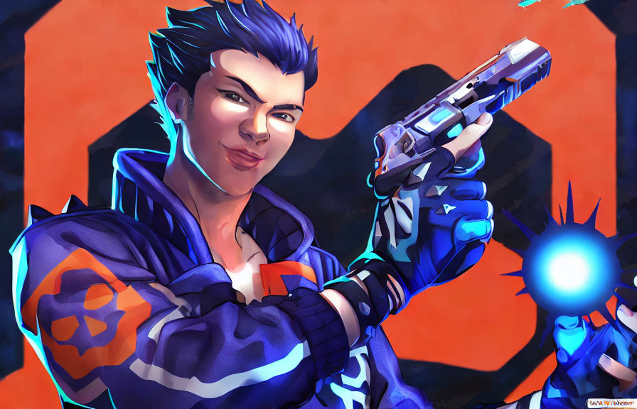 Blue-haired man with smirk holding futuristic pistol in orange glow