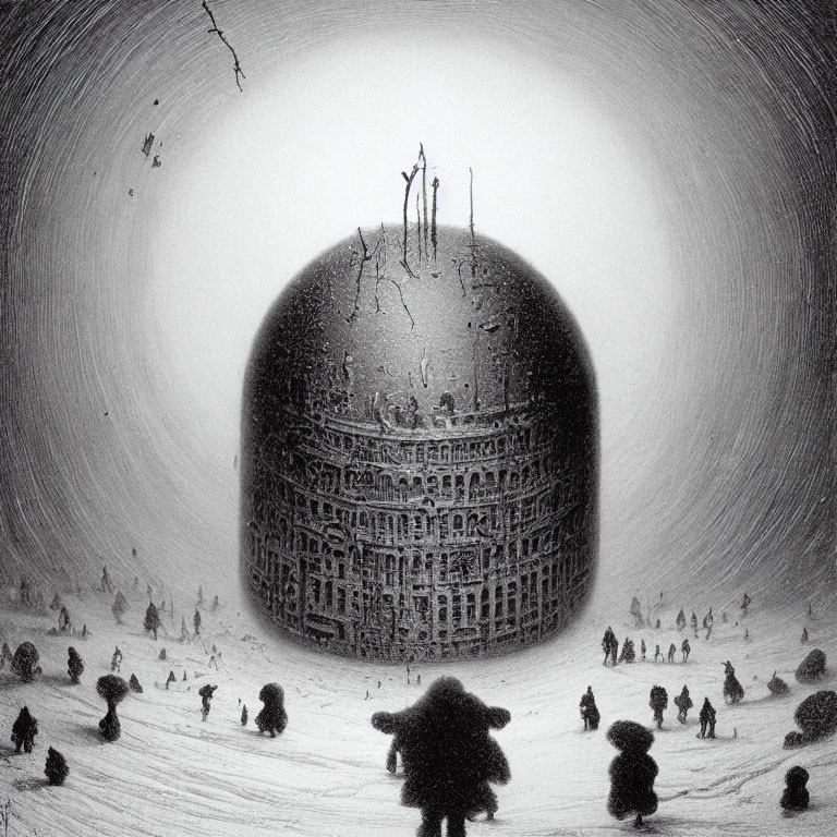 Monochrome illustration of spherical structure with figures and trees under sky.