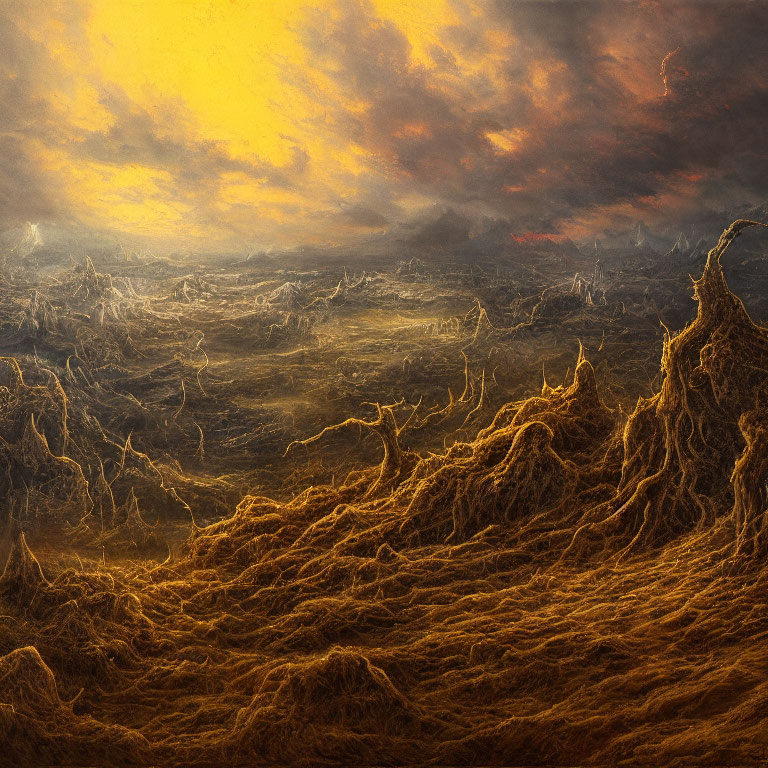 Fiery Skies and Glowing Veins on Ominous Landscape