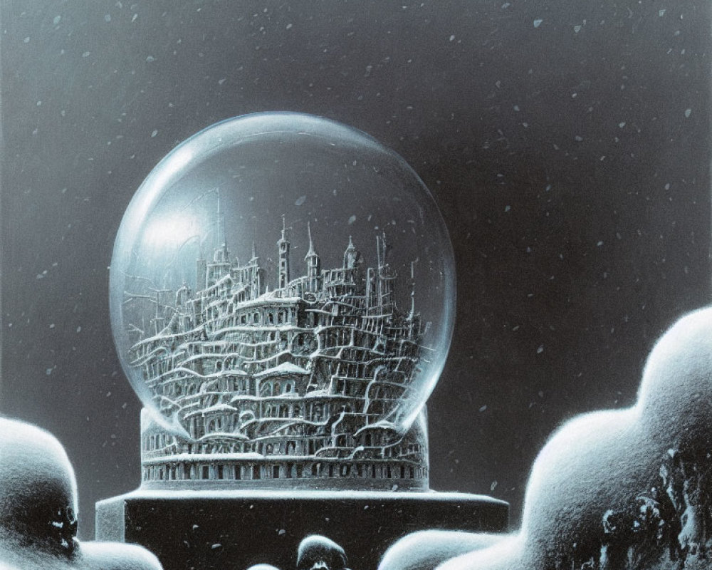Detailed Snow Globe Cityscape Encased in Snowy Scene
