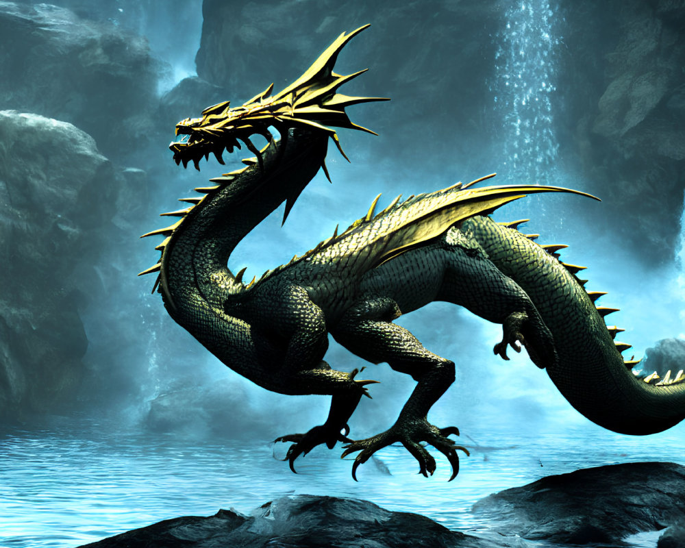 Golden-Horned Dragon in Dimly Lit Cave with Waterfall
