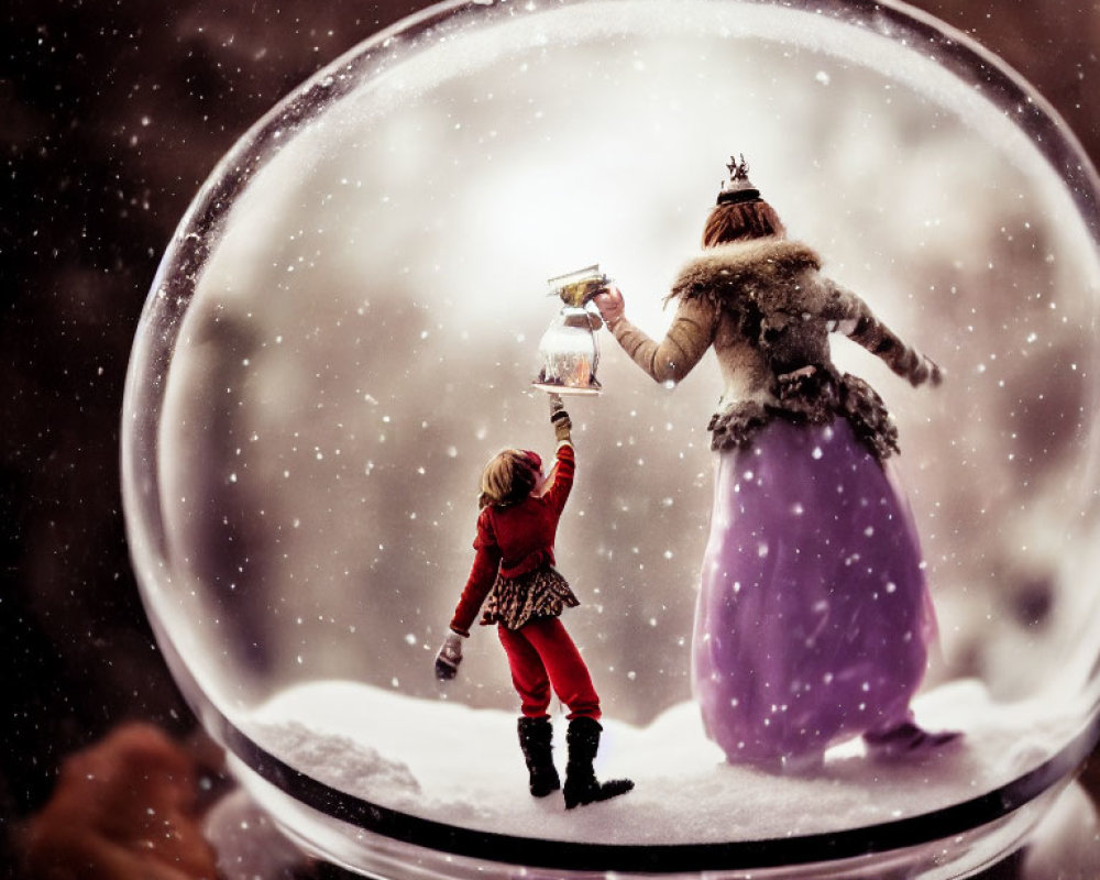 Child in red outfit reaching to adult with lantern in snow globe surrounded by snowflakes