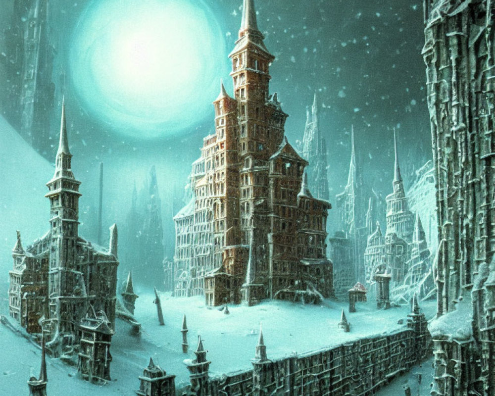 Snowy cityscape with towering spires under glowing moon