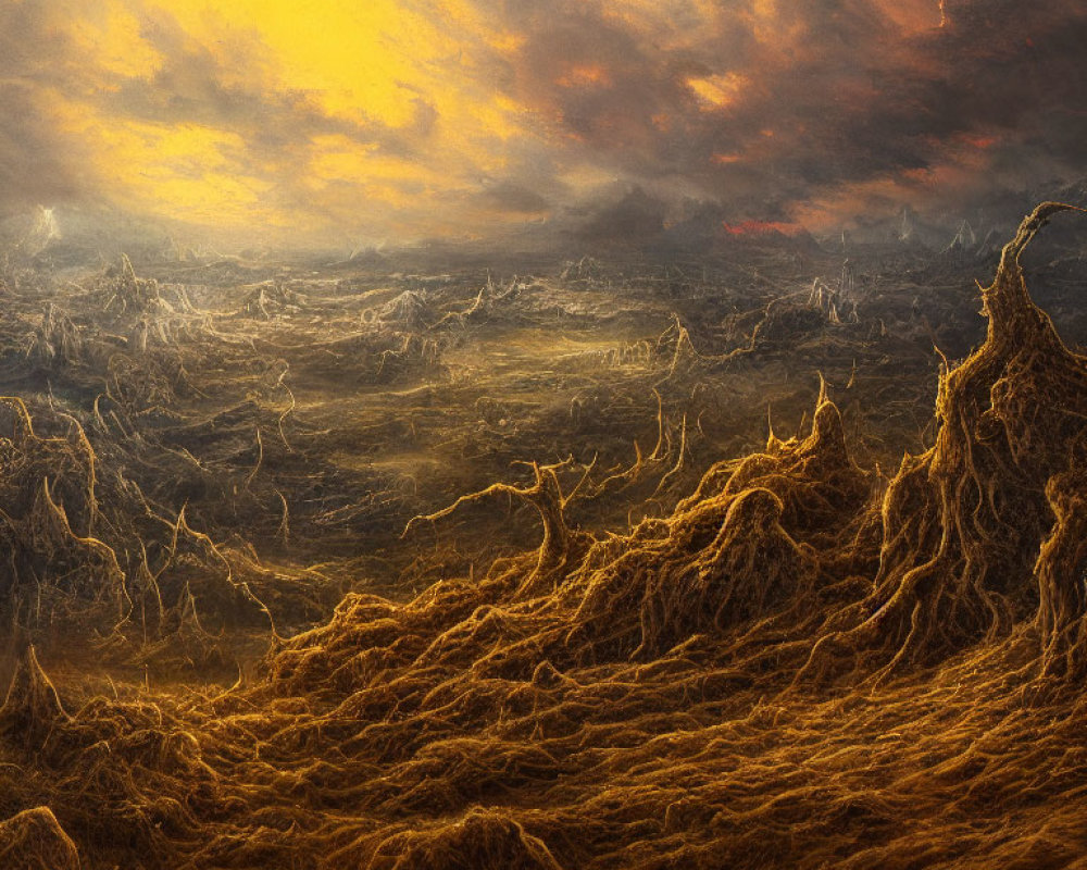 Fiery Skies and Glowing Veins on Ominous Landscape