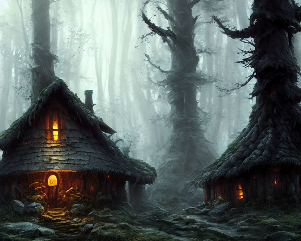 Enchanting forest scene with illuminated cottage and ancient trees