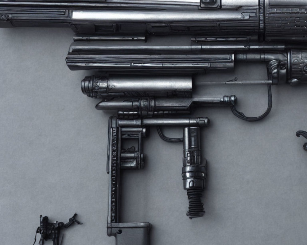Disassembled Black Rifles Components on Grey Background