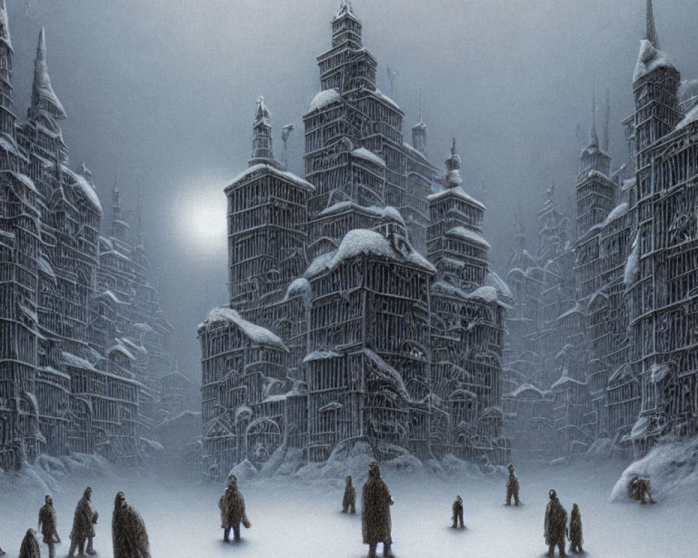 Snowy landscape with towering structures and figures in winter clothing.