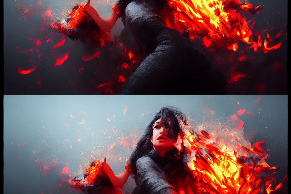 Dark-haired woman wields fire in surreal image