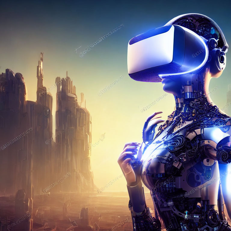 Intricate humanoid robot in VR headset against futuristic cityscape