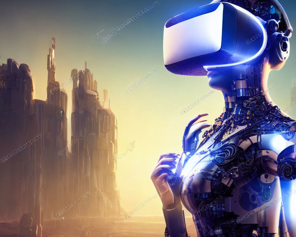 Intricate humanoid robot in VR headset against futuristic cityscape