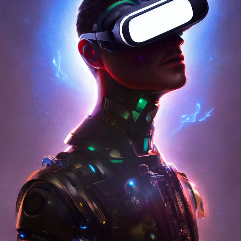 Futuristic VR headset and robotic suit in neon lights